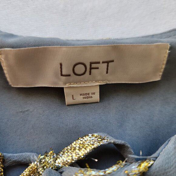 Loft Gold Star Print Shimmer Long-Sleeve Tiered Dress Gray Metallic Babydoll - Picture 8 of 11